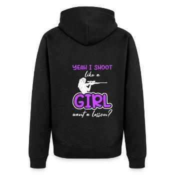 I Shoot like a girl want a lesson? Schützenkönigin - Unisex Premium Organic Zip Hoodie - black - Back - Nico (187cm)