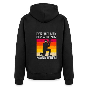 Der tut nix der will nur markieren Paintball - Unisex Premium Bio Zip Hoodie - Schwarz - Hinten - Nico (187cm)