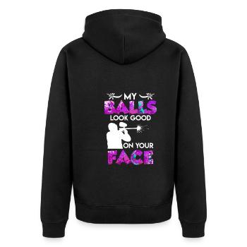 My Balls look Good on your Face Paintball - Unisex Premium Organic Zip Hoodie - black - Back - Nico (187cm)