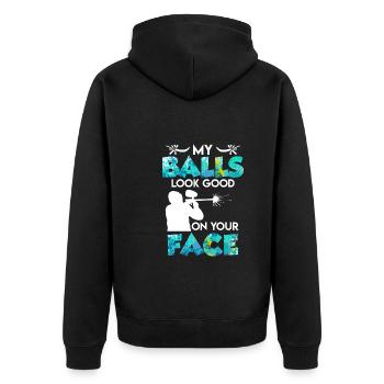 My Balls look Good on your Face Paintball - Unisex Premium Organic Zip Hoodie - black - Back - Nico (187cm)