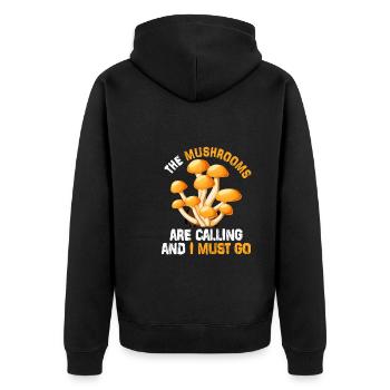 Pilzsammler Spruch die Pilze rufen - Unisex Premium Bio Zip Hoodie - Schwarz - Hinten - Nico (187cm)