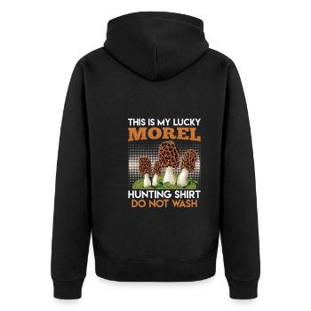 Mein Morchel Glücksshirt Pilzsammler - Unisex Premium Bio Zip Hoodie - Schwarz - Hinten - Nico (187cm)