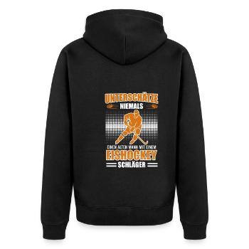 Alter man mit Eishockey Schläger - Unisex Premium Bio Zip Hoodie - Schwarz - Hinten - Nico (187cm)