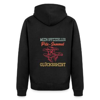 Glücksshirt Pfifferling Pilz sammeln Pilzsammler - Unisex Premium Bio Zip Hoodie - Schwarz - Hinten - Nico (187cm)