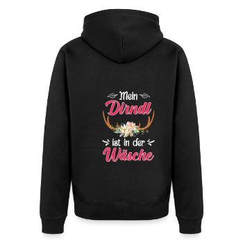 Mein Dirndl ist in der Wäsche Bayern Trachten - Unisex Premium Bio Zip Hoodie - Schwarz - Hinten - Nico (187cm)