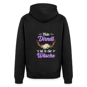 Mein Dirndl ist in der Wäsche Bayern Trachten - Unisex Premium Bio Zip Hoodie - Schwarz - Hinten - Nico (187cm)