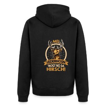 Mei Lederhosn trägt no da Hirsch Herren Bayern - Unisex Premium Bio Zip Hoodie - Schwarz - Hinten - Nico (187cm)