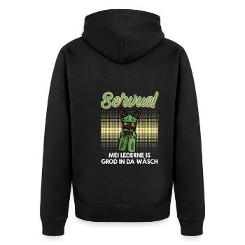 Mei Lederne is grod on da Wäsch Bayern Bier - Unisex Premium Bio Zip Hoodie - Schwarz - Hinten - Nico (187cm)