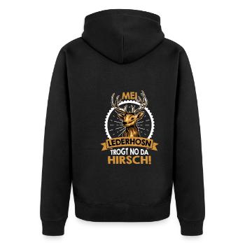 Mei Lederhosn trägt no da Hirsch Herren Bayern - Unisex Premium Bio Zip Hoodie - Schwarz - Hinten - Nico (187cm)