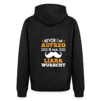 Bevor i mi aufreg is mir liaba wurscht - Unisex Premium Bio Zip Hoodie - Schwarz - Hinten - Nico (187cm)