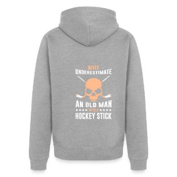 Unterschätze nie einen Mann Eishockey Schläger - Unisex Premium Bio Zip Hoodie - Grau meliert - Hinten - Nico (187cm)