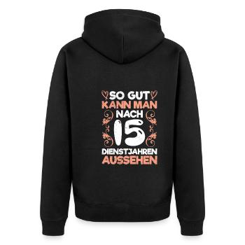Firmenjubiläum 15 Jahre Dienstjubiläum - Unisex Premium Bio Zip Hoodie - Schwarz - Hinten - Nico (187cm)