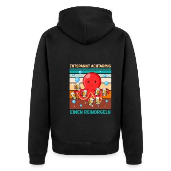 Entspannt achtarmig einen reinorgeln Bier - Unisex Premium Bio Zip Hoodie - Schwarz - Hinten - Nico (187cm)