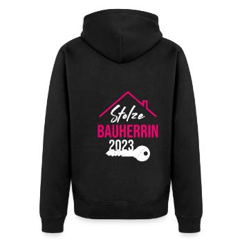 Stolze Bauherrin 2023 - Unisex Premium Bio Zip Hoodie - Schwarz - Hinten - Nico (187cm)