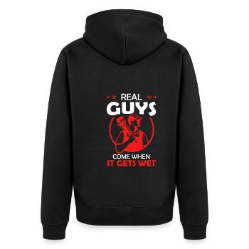 Echte Kerle kommen wenns feucht wird - Unisex Premium Bio Zip Hoodie - Schwarz - Hinten - Nico (187cm)