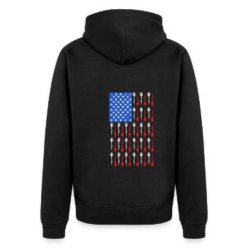 Dart Master USA Darts Pfeile - Unisex Premium Bio Zip Hoodie - Schwarz - Hinten - Nico (187cm)