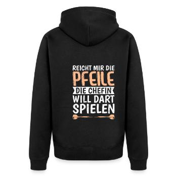 Chefin Dart spielen Frauen Darts Zubehör Dart - Unisex Premium Bio Zip Hoodie - Schwarz - Hinten - Nico (187cm)
