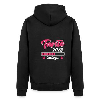 Tante 2023 wird geladen Patentante bald Tante - Unisex Premium Bio Zip Hoodie - Schwarz - Hinten - Nico (187cm)