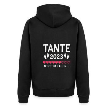 Tante 2023 wird geladen bald Tante du wirst Tante - Unisex Premium Bio Zip Hoodie - Schwarz - Hinten - Nico (187cm)
