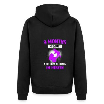 9 Monate im Bauch - ein Leben lang im Herzen - Unisex Premium Bio Zip Hoodie - Schwarz - Hinten - Nico (187cm)