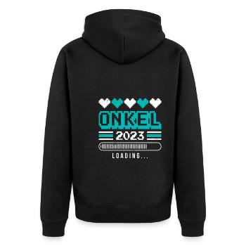 Onkel 2023 loading - Unisex Premium Bio Zip Hoodie - Schwarz - Hinten - Nico (187cm)