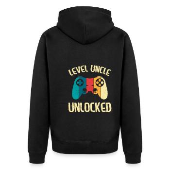 Level Onkel freigeschaltet Onkel - Unisex Premium Bio Zip Hoodie - Schwarz - Hinten - Nico (187cm)