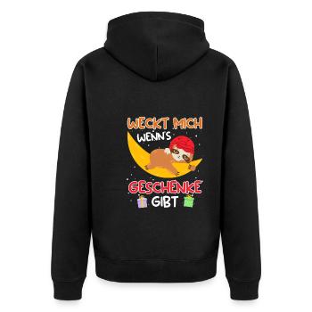 Weckt mich wenn es Geschenke gibt Faultier - Unisex Premium Bio Zip Hoodie - Schwarz - Hinten - Nico (187cm)