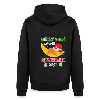 Weckt mich wenn es Geschenke gibt Faultier - Unisex Premium Bio Zip Hoodie - Schwarz - Hinten - Nico (187cm)