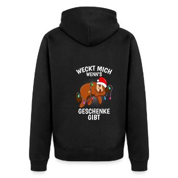 Weckt mich auf wenn es Geschenke gibt - Unisex Premium Bio Zip Hoodie - Schwarz - Hinten - Nico (187cm)
