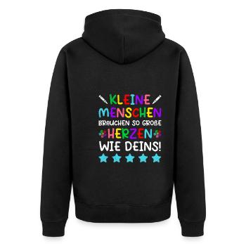 Kleine Menschen brauchen große Herzen Kindergarten - Unisex Premium Bio Zip Hoodie - Schwarz - Hinten - Nico (187cm)