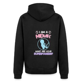 Was sind deine Superkräfte? Ich bin Hebamme - Unisex Premium Bio Zip Hoodie - Schwarz - Hinten - Nico (187cm)