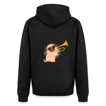 Musician with pug dog plays trombone - Unisex Premium Organic Zip Hoodie - black - Back - Nico (187cm)