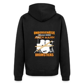 Unterschätze keinen Mann mit Drumsticks Schlagzeug - Unisex Premium Bio Zip Hoodie - Schwarz - Hinten - Nico (187cm)