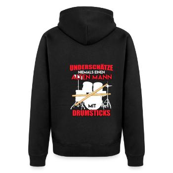 Unterschätze keinen Mann mit Drumsticks Schlagzeug - Unisex Premium Bio Zip Hoodie - Schwarz - Hinten - Nico (187cm)