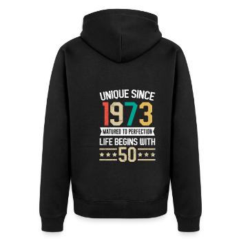 Legendär seit 1973 50 Jahre 50. Geburtstag - Unisex Premium Bio Zip Hoodie - Schwarz - Hinten - Nico (187cm)
