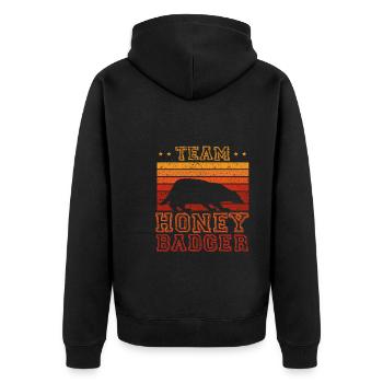 Retro Team Honigdachs - Unisex Premium Bio Zip Hoodie - Schwarz - Hinten - Nico (187cm)