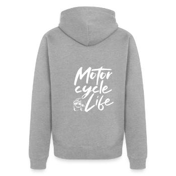 Motorradhelm Leben - Unisex Premium Bio Zip Hoodie - Grau meliert - Hinten - Nico (187cm)