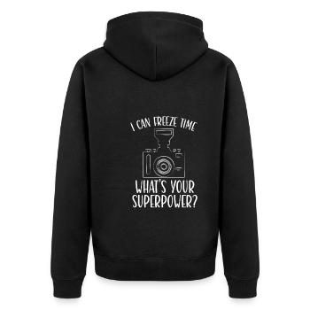 Fotograf Meine Superkraft - Unisex Premium Bio Zip Hoodie - Schwarz - Hinten - Nico (187cm)