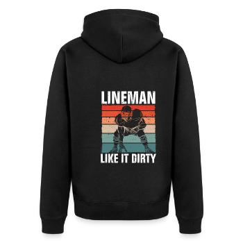 Lineman Mag Es Dreckigen Vintage - Unisex Premium Bio Zip Hoodie - Schwarz - Hinten - Nico (187cm)