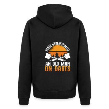 Alter Mann beim Darts mit Sonne - Unisex Premium Bio Zip Hoodie - Schwarz - Hinten - Nico (187cm)