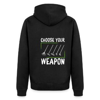 Wähle Deine Waffe - Unisex Premium Bio Zip Hoodie - Schwarz - Hinten - Nico (187cm)
