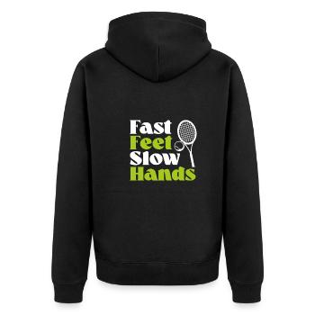Fast feet, slow hands - Unisex Premium Organic Zip Hoodie - black - Back - Nico (187cm)