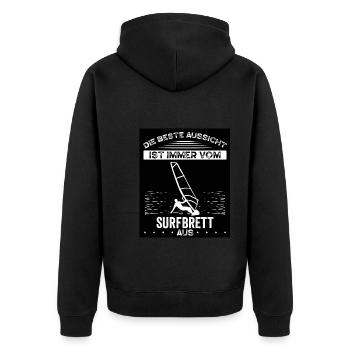 Die Beste Aussicht Hat Man Vom Surfbrett - Unisex Premium Bio Zip Hoodie - Schwarz - Hinten - Nico (187cm)