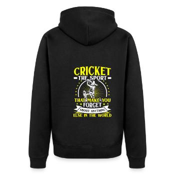 Cricket lässt dich alles andere vergesse - Unisex Premium Bio Zip Hoodie - Schwarz - Hinten - Nico (187cm)