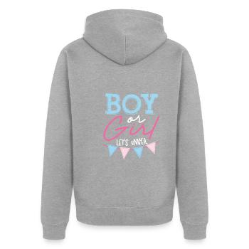 Garçon ou fille laissez-le découvrir - Veste à capuche bio Premium Unisexe - gris chiné - Dos - Nico (187cm)