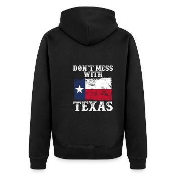 Leg Dich Nicht Mit Texas An - Unisex Premium Bio Zip Hoodie - Schwarz - Hinten - Nico (187cm)