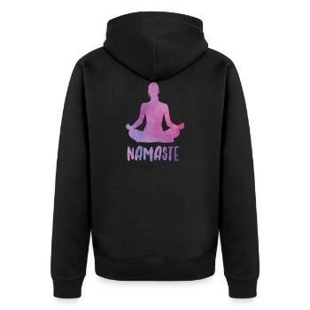 Yoga Silhouette mit Namaste Schriftzug - Unisex Premium Bio Zip Hoodie - Schwarz - Hinten - Nico (187cm)