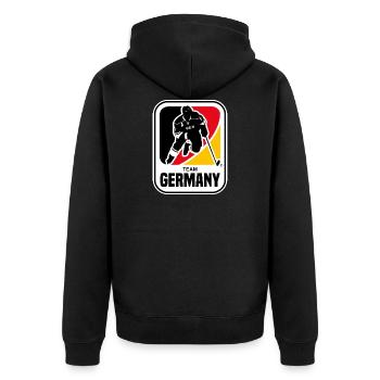 EISHOCKEY DEUSCHLAND TEAM GERMANY - Unisex Premium Bio Zip Hoodie - Schwarz - Hinten - Nico (187cm)