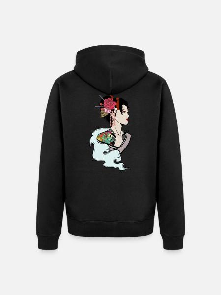 Geisha drago floreale in kimono - Felpa con cappuccio ecologica premium unisex - nero