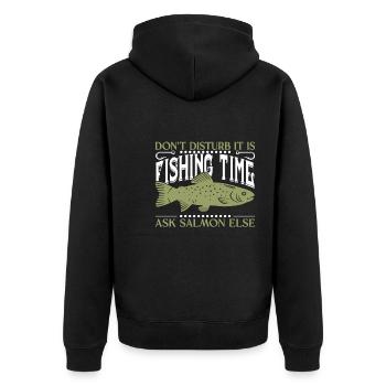 Lachs Pun Angeln - Unisex Premium Bio Zip Hoodie - Schwarz - Hinten - Nico (187cm)